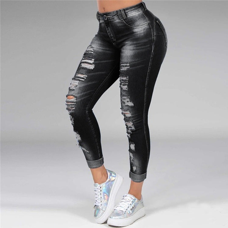 Jeans ripped holes show thin stretch jeans