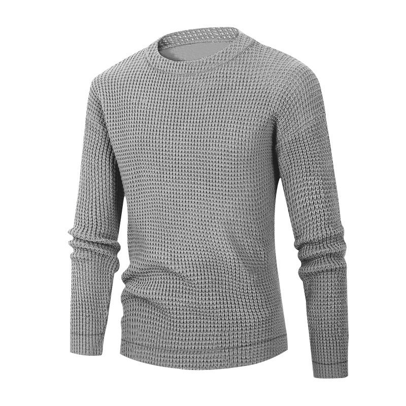 Men's Solid Color Waffle Round Neck Base Sweater