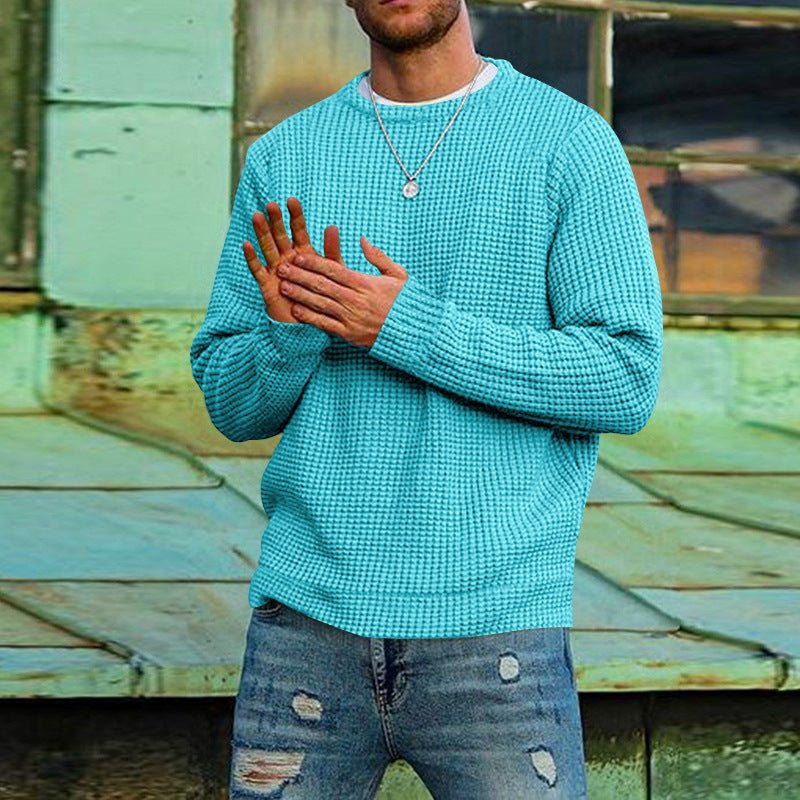 Men's Solid Color Waffle Round Neck Base Sweater
