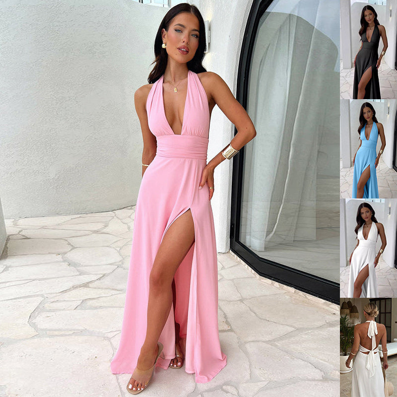 Sexy Halterneck V-Neck Slit Dress