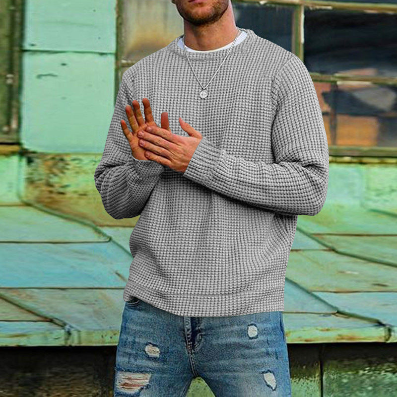 Men's Solid Color Waffle Round Neck Base Sweater