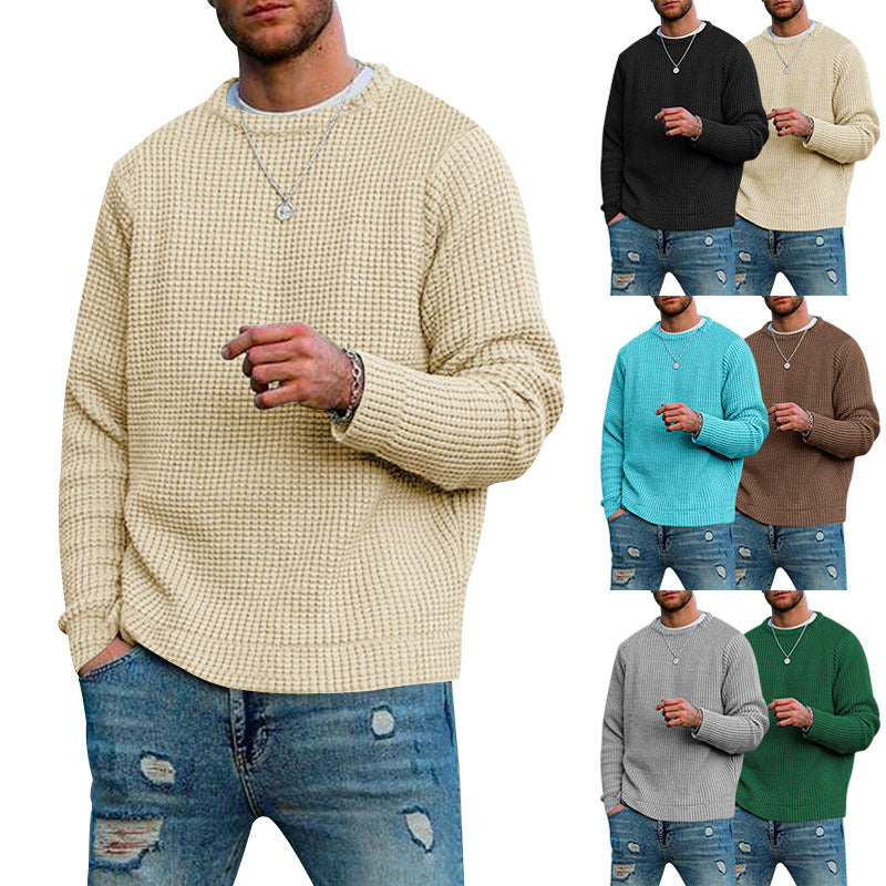 Men's Solid Color Waffle Round Neck Base Sweater
