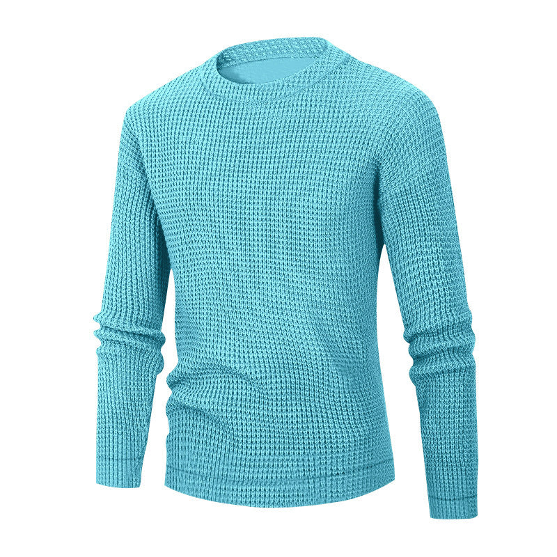 Men's Solid Color Waffle Round Neck Base Sweater