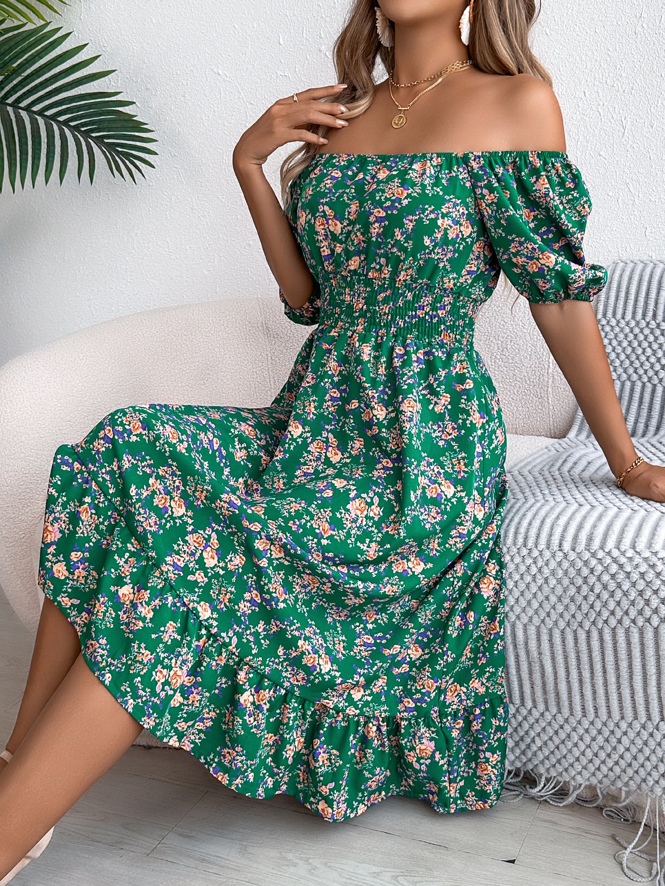 Floral Square Collar Ruffles Dress