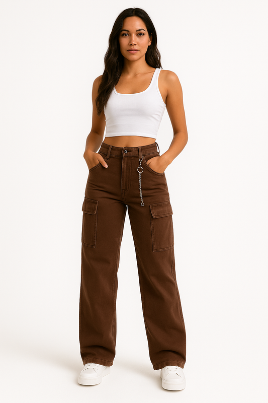 Woman wearing brown oversized cargo streetwear trousers with chain detail and white tank top on white background