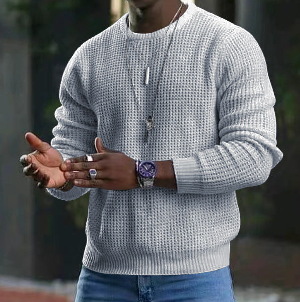 Men's Solid Color Waffle Round Neck Base Sweater