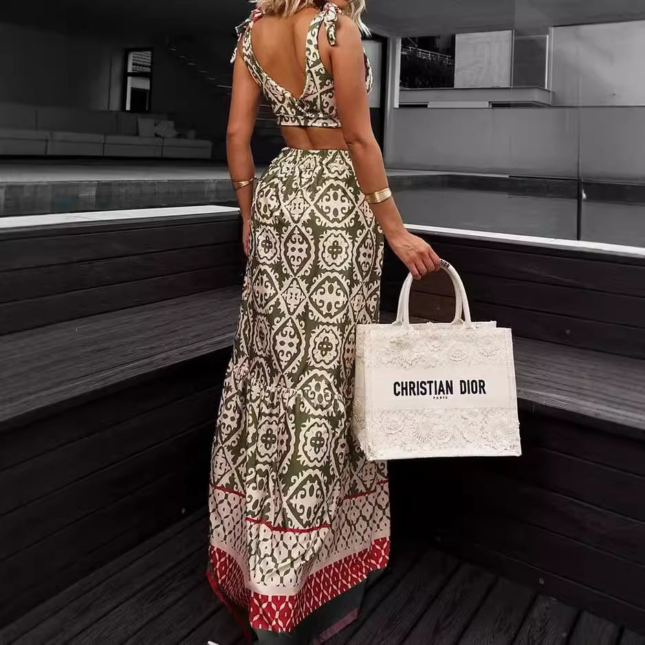 Leisure Holiday Hollow Tie Vintage Printed Dress