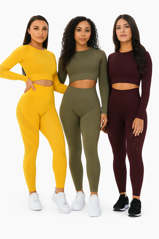 Women wearing seamless yoga gym suits in various colors, demonstrating style and flexibility.