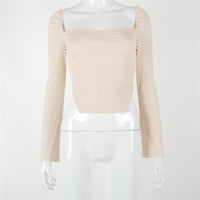 Long Sleeve Solid Square Collar Patchwork Irregular Tshirt Top Autumn Winter Women Streetwear Casual Clothings