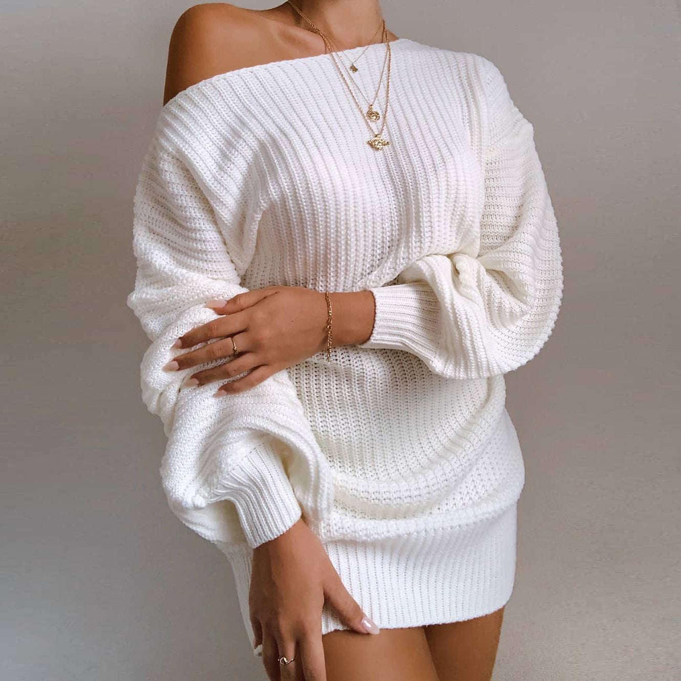 Shoulder Knitted Sweater Dress