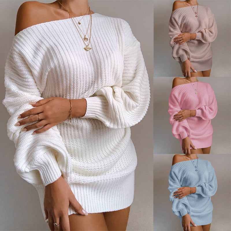 Shoulder Knitted Sweater Dress