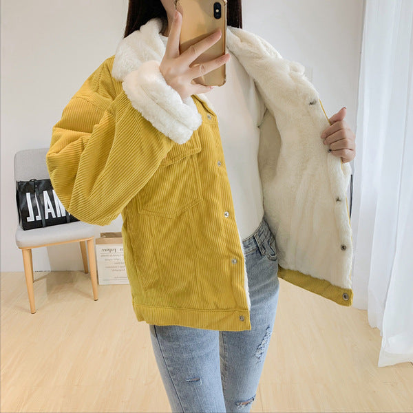 Corduroy Cotton-Padded Jacket Female Student Fall   Winter Outfit