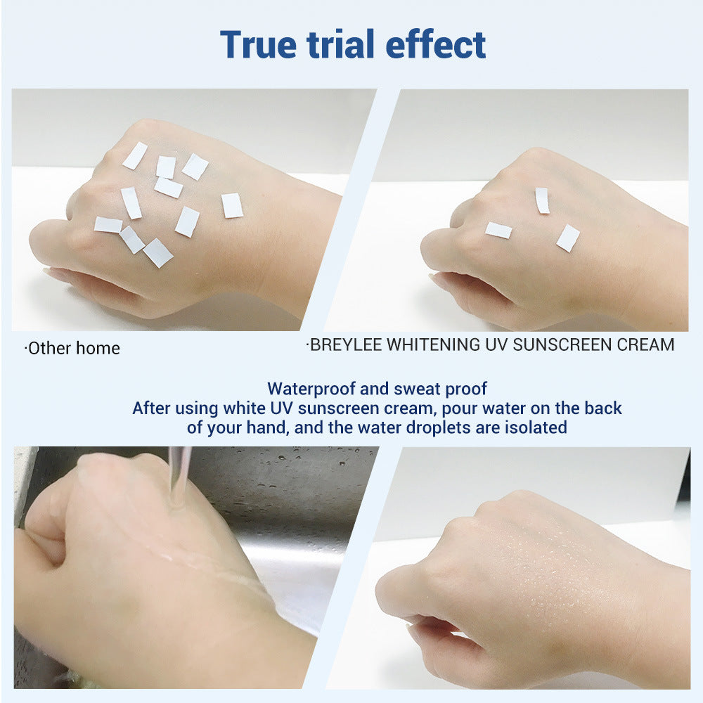 40ML Sunscreen Cream demonstrating waterproof, sweat-proof UV protection with effective water droplet isolation on hand skin.