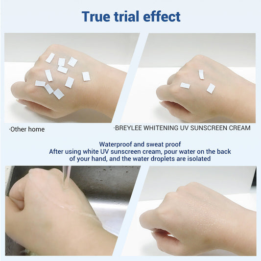40ML Sunscreen Cream demonstrating waterproof, sweat-proof UV protection with effective water droplet isolation on hand skin.