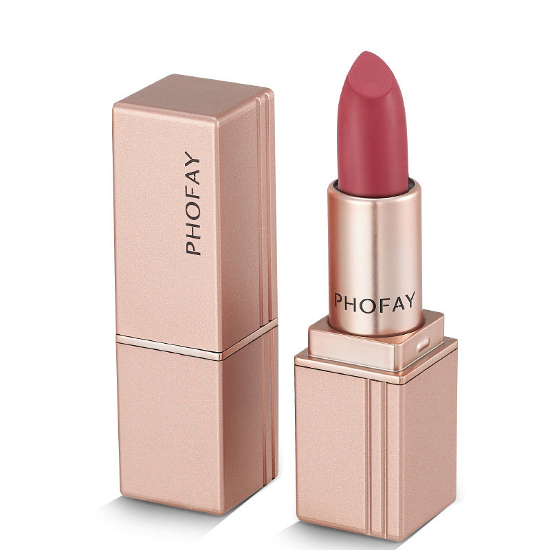 PHOFAY Matte Lipstick with velvety matte finish in pink shade, long-lasting and moisturizing formula in sleek rose gold packaging