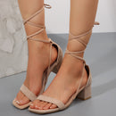 Summer Lace-up Sandals Fashion Square Toe Chunky Heel Shoes For Women