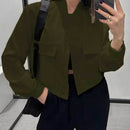 Fashion Button Stand-collar Jacket With Big Pockets Casual Loose Short Outwear Tops Coat For Women Clothing