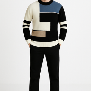 Man wearing thickened knitting bottoming sweater with geometric colorblock pattern, paired with black pants and shoes.