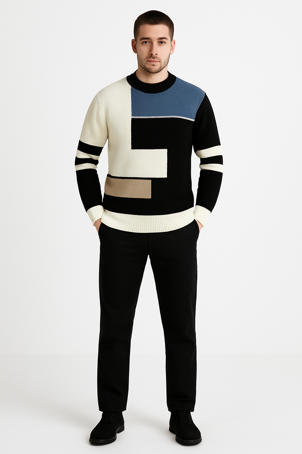 Man wearing thickened knitting bottoming sweater with geometric colorblock pattern, paired with black pants and shoes.