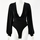 Women's sexy long-sleeved deep V waist pleated temperament bodysuit