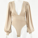 Women's sexy long-sleeved deep V waist pleated temperament bodysuit