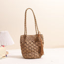 Fashion Tassel Shoulder Straw Bag Fan Hollow Beach Bag