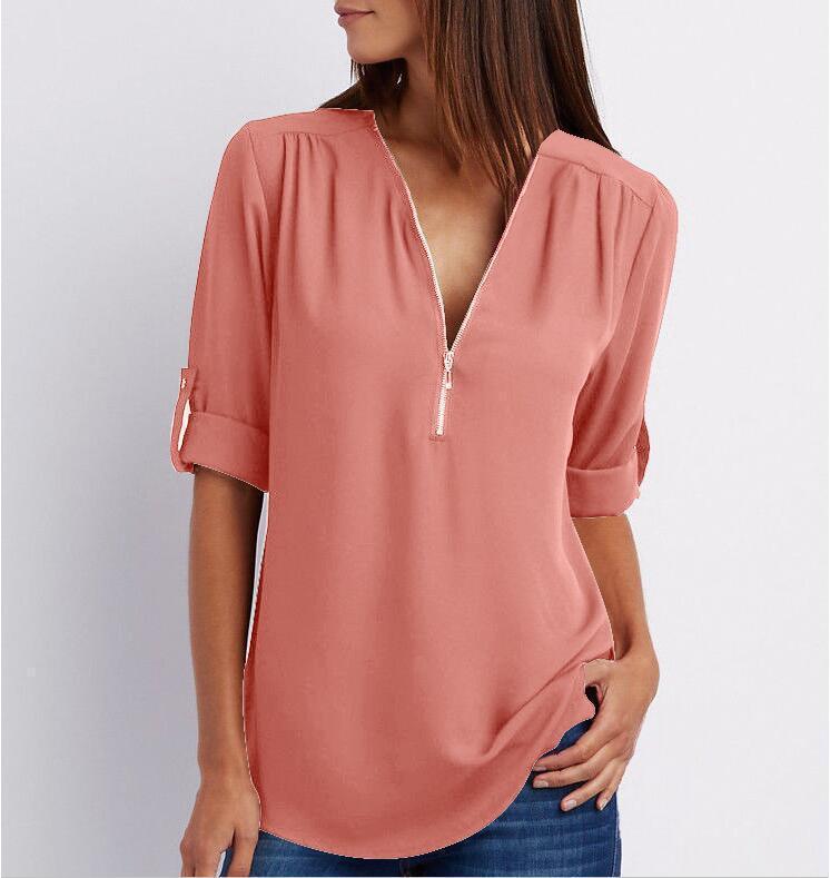 Zip V-neck Shirts Women Short Sleeve Loose Tops