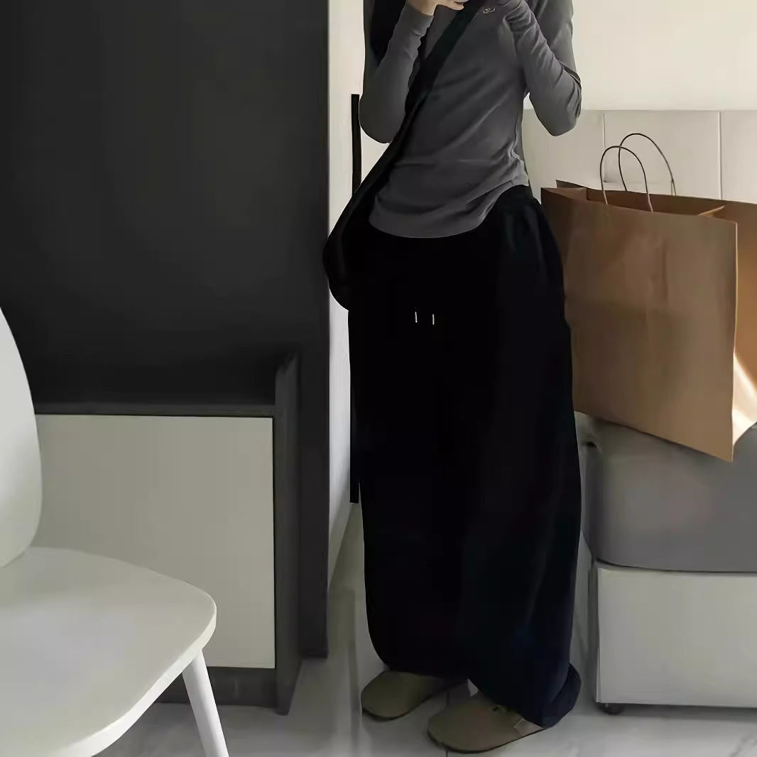 Y2g Casual Gray Black Rope Tied High Waist Elastic Band Waist Sports Pants Women's Clothing