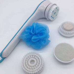 Spin Spa Brush electric bath brush with multiple interchangeable heads and a blue bath sponge