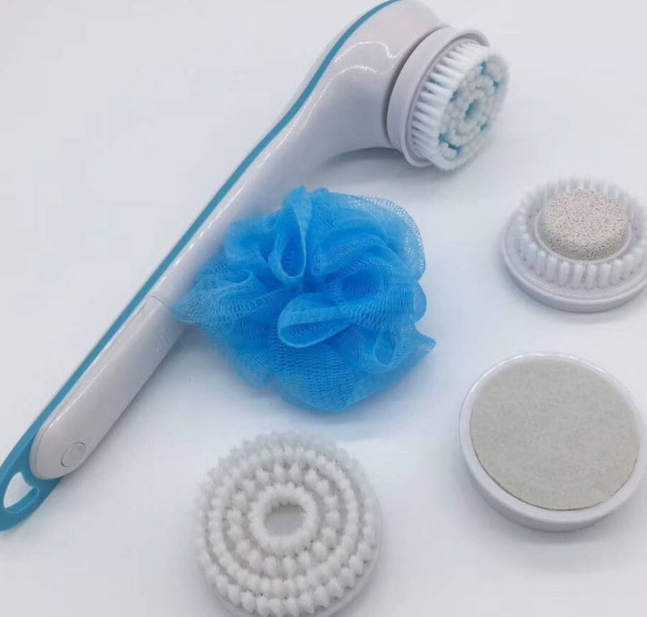 Spin Spa Brush electric bath brush with multiple interchangeable heads and a blue bath sponge