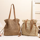 Large Capacity Straw Bag Drawstring Hand-carrying Knitting Shoulder Bag