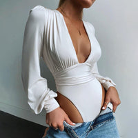Women's sexy long-sleeved deep V waist pleated temperament bodysuit