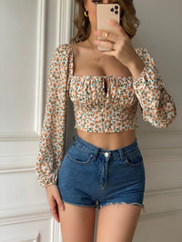 Women Small Floral Shirt Women Retro Square Collar Blouse One Word Collar Shirt Women