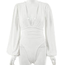 Women's sexy long-sleeved deep V waist pleated temperament bodysuit