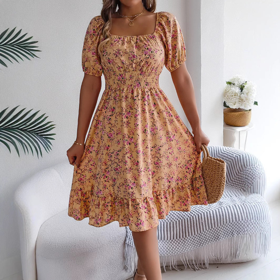 Floral Square Collar Ruffles Dress