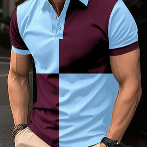 Casual Sports Short Sleeve Color Stitching Turnover Neck Polo Shirt Men Clothing