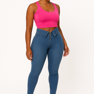 woman wearing stylish fashion casual jeans with front zipper and pink crop top on white background