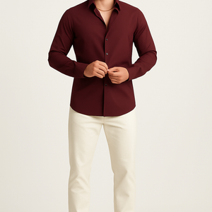 Man wearing a burgundy men's classic long sleeve button-down shirt with white pants and brown shoes, standing against a plain background.
