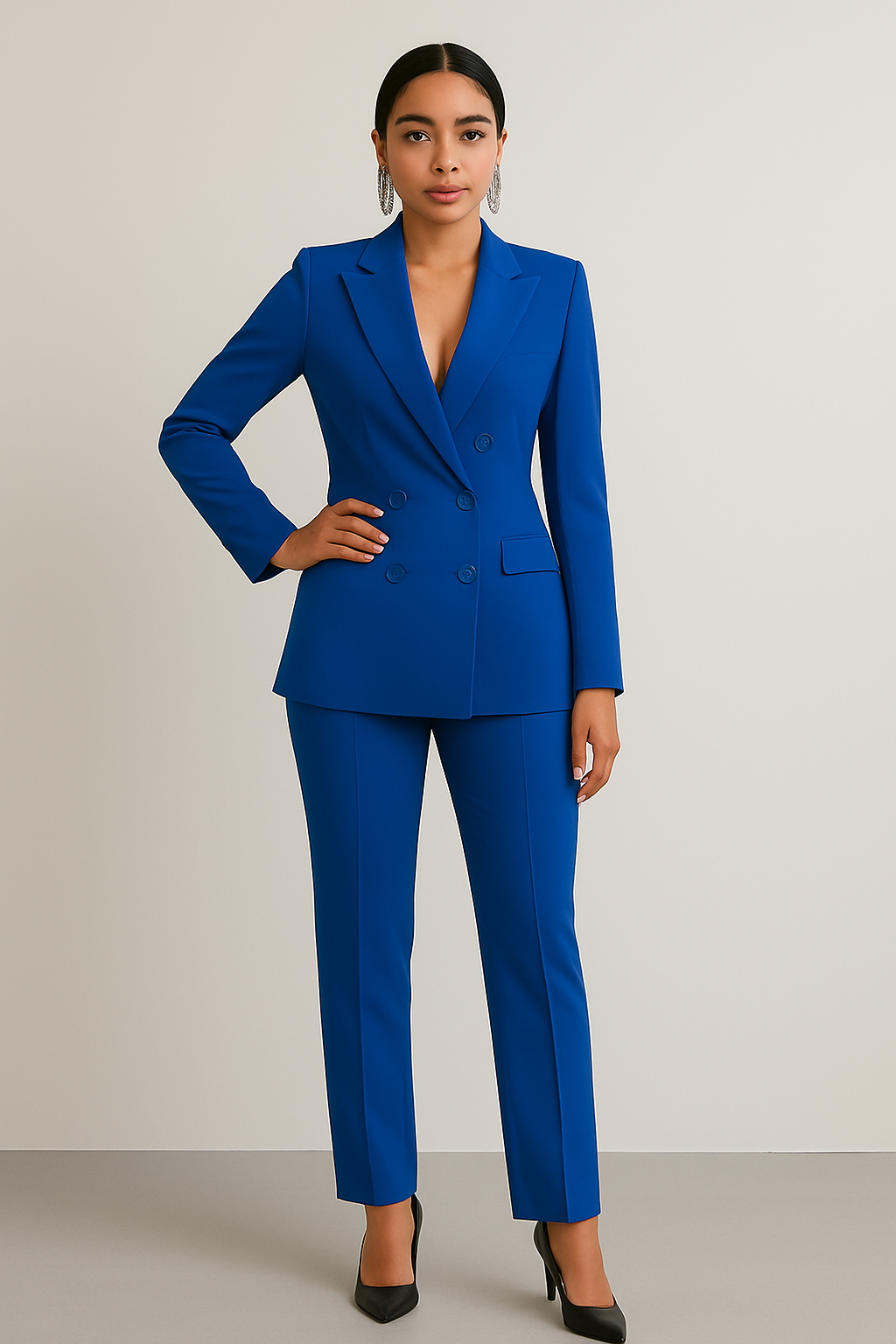 Women's blue business suit with a tailored blazer and slim fit trousers.