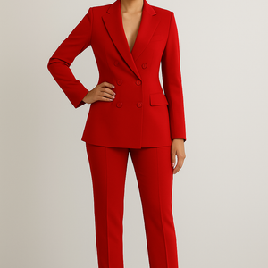 Woman wearing a red slim fit business suit with blazer and trousers, showcasing casual suits fashion.