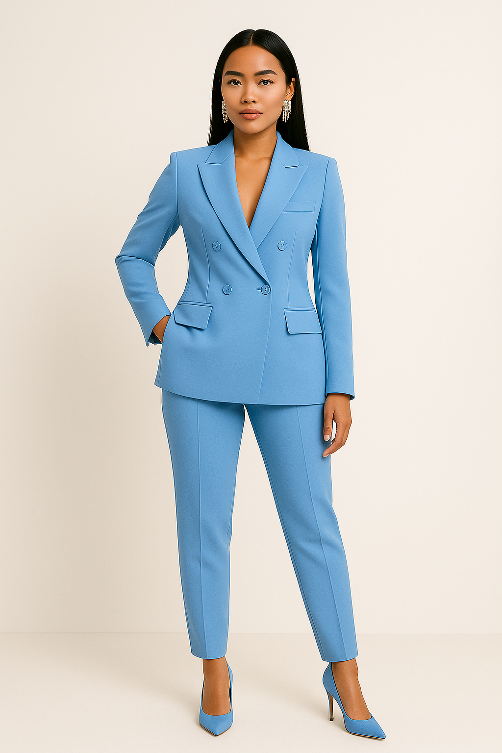Women's casual business suit with blazer and slim fit trousers in blue, featuring notched lapels and double-breasted design for a confident, modern look.