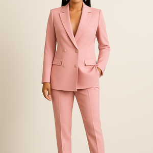 Women's pink business suit with double-breasted blazer and slim fit trousers.