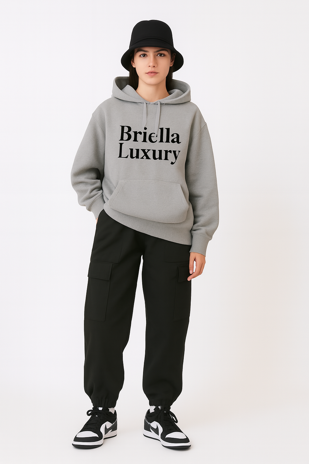 Woman wearing black solid color high waist cargo trousers with multiple pockets, paired with a grey Briella Luxury hoodie and black bucket hat.