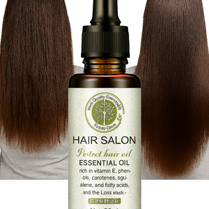 Bottle of Hair Care Essential Oil with before and after images showing improved smoothness and shine of long brown hair