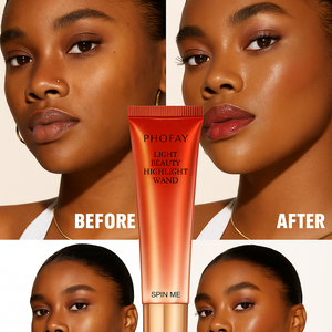 PHOFAY Highlighter Wand showing before and after glow effect on woman's face, with luminous, radiant skin and natural highlighting.