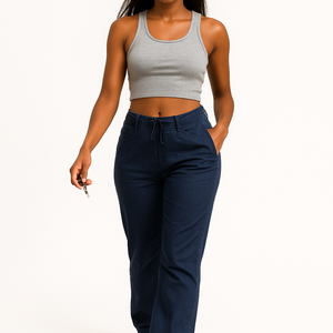 Woman wearing navy vintage street cargo wide-leg jeans with pockets and a gray crop tank top walking against a white background