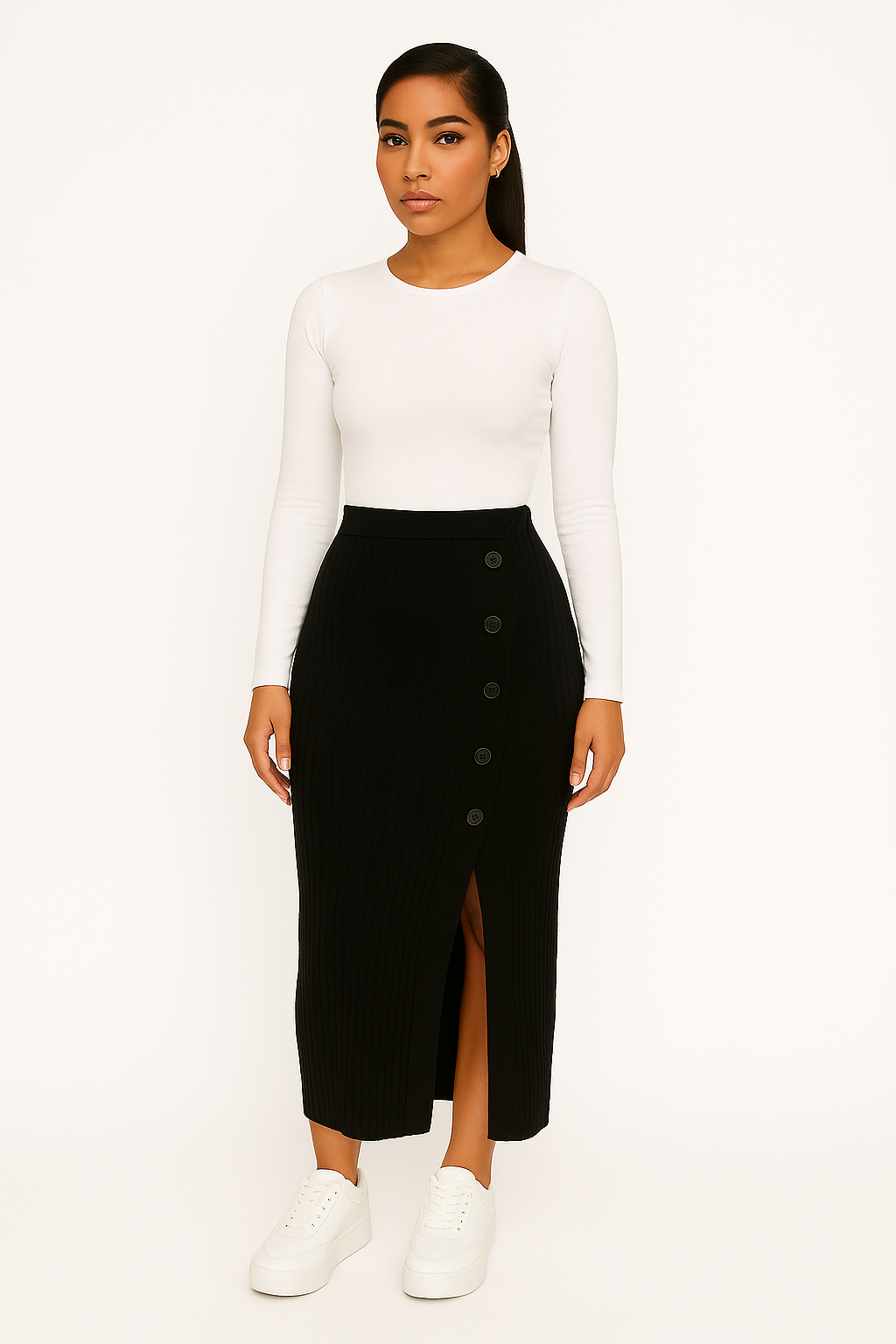 Woman wearing a black ChicCurve button-slit ribbed knit high-waist midi skirt with side buttons and a front slit, paired with a white long-sleeve top and white sneakers.