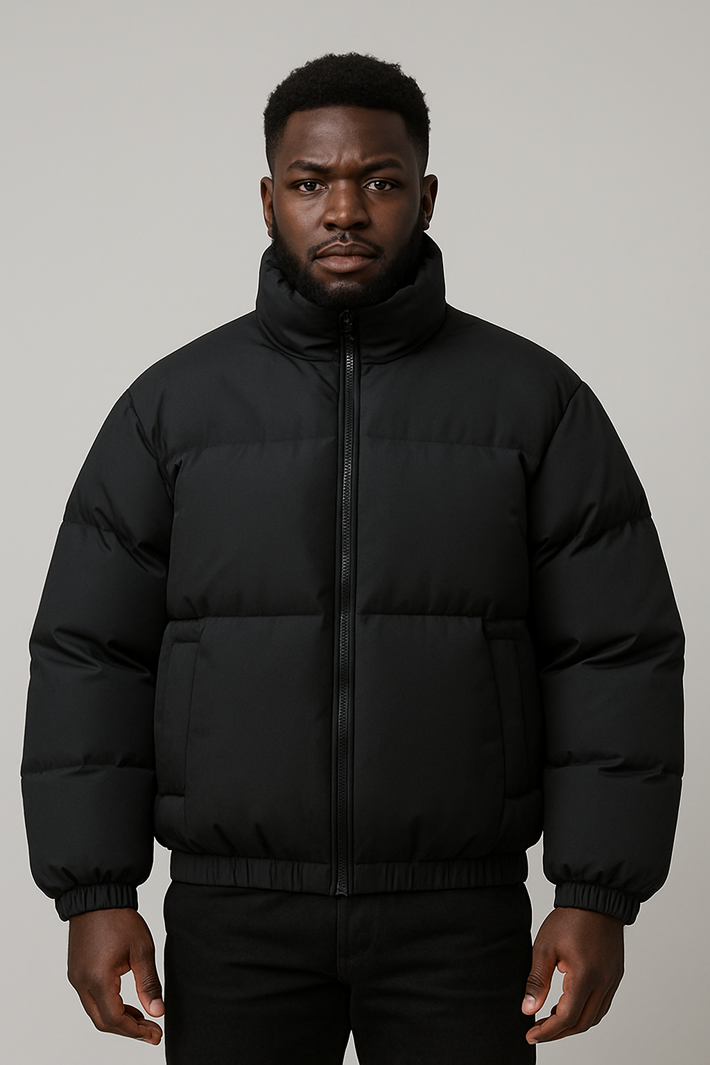 Man wearing a black Casual Fashion Gradient cotton puffer coat with a front zipper and high collar.