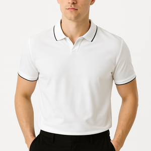 Men's white mercerized pearl cotton short sleeve polo shirt with black trim lapel collar and tailored fit