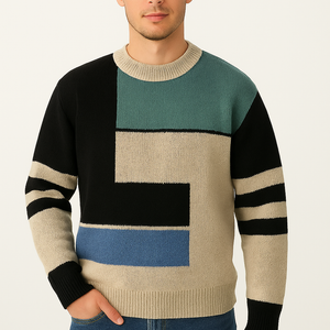 Man wearing a color-block thickened knitting bottoming sweater with black, beige, teal, and blue sections and ribbed cuffs paired with blue jeans